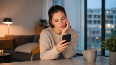 Person blickt nachdenklich auf ihr Smartphone, während sie auf eine Antwort wartet