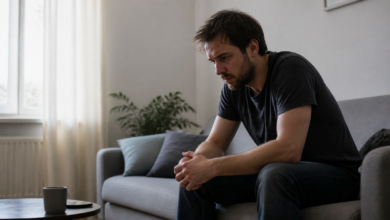 Belasteter erwachsener Mann auf dem Sofa als seriöses Beitragsbild zu agitierter Depression und innerer Unruhe