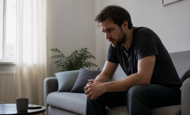 Belasteter erwachsener Mann auf dem Sofa als seriöses Beitragsbild zu agitierter Depression und innerer Unruhe