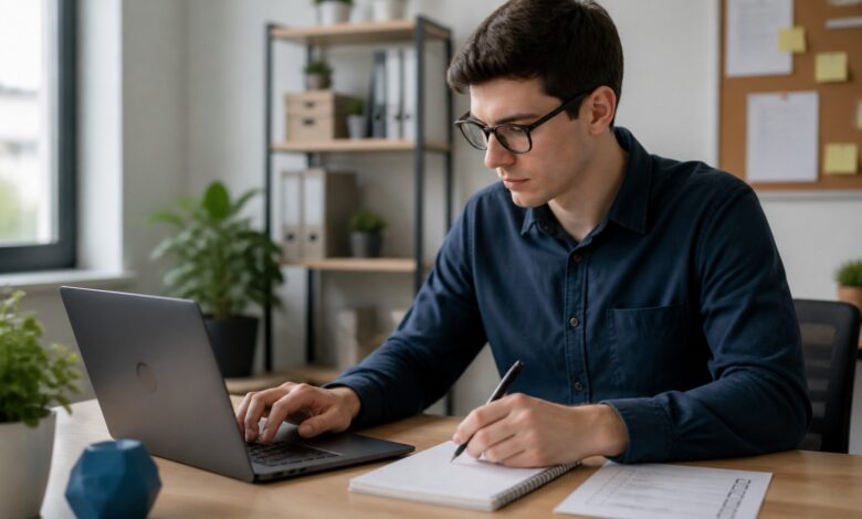 Fokussierter Erwachsener arbeitet in einem ruhigen, strukturierten Büro am Laptop und mit Notizen.
