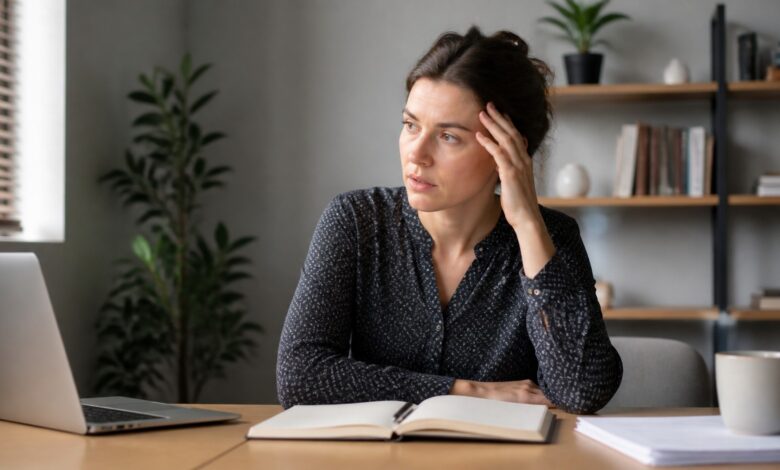 Person mit mentalem Blackout unter Stress an einem Schreibtisch