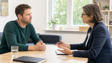 Psychiaterin und Patient besprechen Medikamente und Behandlungsoptionen in ruhiger Gesprächsatmosphäre
