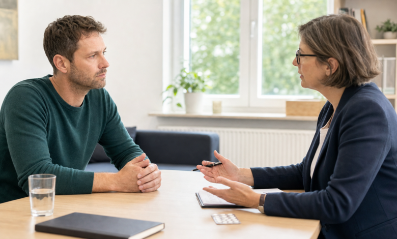 Psychiaterin und Patient besprechen Medikamente und Behandlungsoptionen in ruhiger Gesprächsatmosphäre