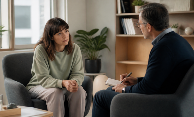 Ruhiges Gespräch zwischen Patientin und Therapeut als seriöses Beitragsbild zur Abgrenzung von Borderline, bipolarer Störung und PTBS