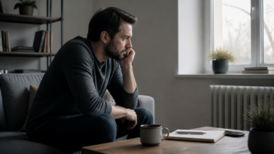 Nachdenklicher erwachsener Mann am Fenster als seriöses Beitragsbild zu chronischer Depression und lang anhaltender Niedergeschlagenheit