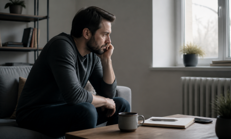Nachdenklicher erwachsener Mann am Fenster als seriöses Beitragsbild zu chronischer Depression und lang anhaltender Niedergeschlagenheit