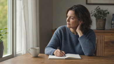 Nachdenkliche Frau mit Notizbuch am Tisch als seriöses Bild für Depression Rückfall und Rückfallprävention