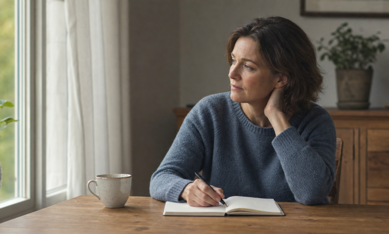 Nachdenkliche Frau mit Notizbuch am Tisch als seriöses Bild für Depression Rückfall und Rückfallprävention