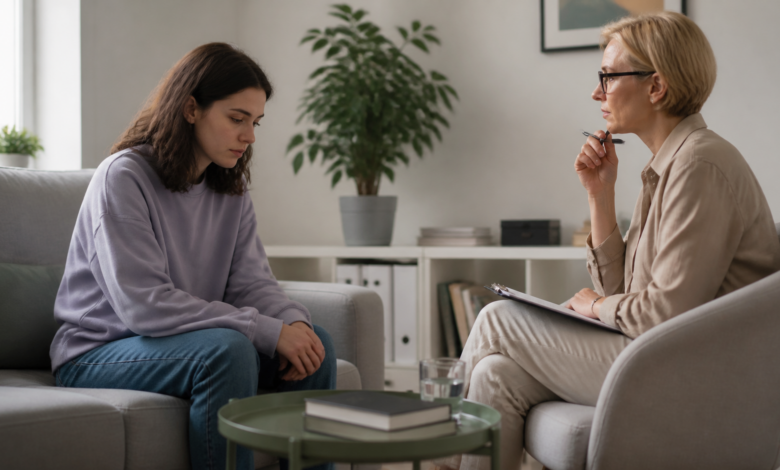 Gespräch zwischen Patientin und Therapeutin als seriöses Beitragsbild zu Depression Schweregraden und diagnostischer Einordnung