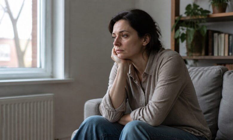 Nachdenkliche Person in ruhiger Wohnsituation bei depressiver Erschöpfung