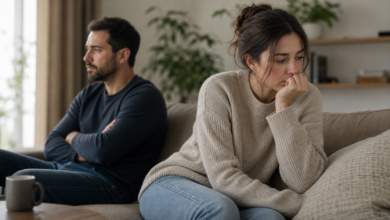 Depression und Trennung: emotional distanziertes Paar in ruhiger Wohnzimmerszene