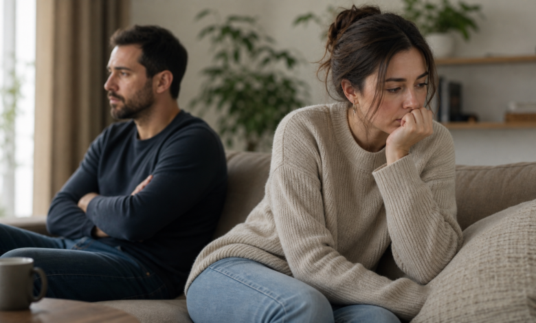 Depression und Trennung: emotional distanziertes Paar in ruhiger Wohnzimmerszene