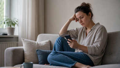 Nachdenkliche Frau mit Smartphone auf dem Sofa als seriöses Bild für depressiven Rückzug und Schweigen