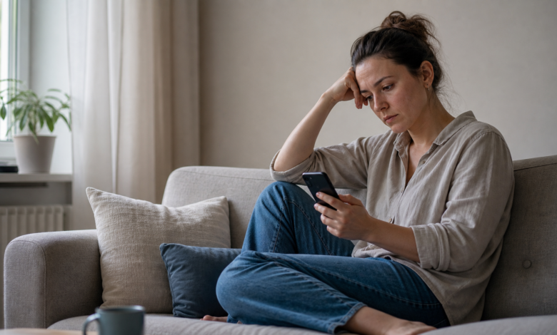 Nachdenkliche Frau mit Smartphone auf dem Sofa als seriöses Bild für depressiven Rückzug und Schweigen