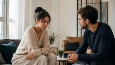 Ruhiges Gespräch zwischen erwachsener Frau und erwachsenem Mann als seriöses Beitragsbild zu Devotion, Vertrauen und Konsens in Beziehungen