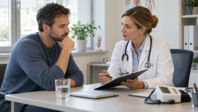 Ärztin spricht mit einem Patienten über mögliche Ursachen von Erektionsstörungen
