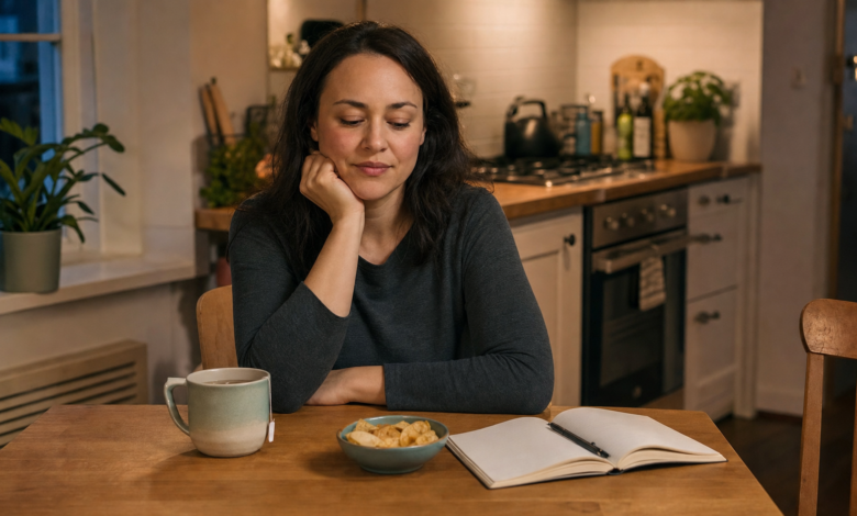 Emotionales Essen überwinden: ruhiger Moment am Küchentisch vor einem Snack