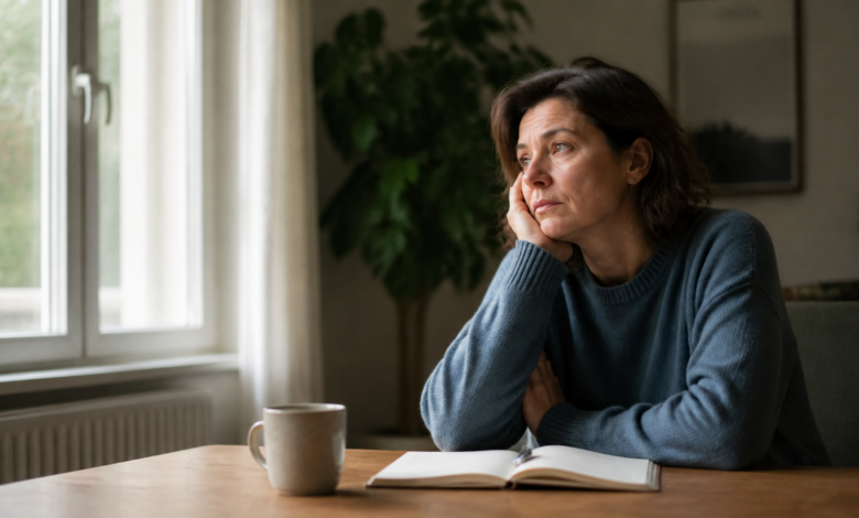 Nachdenkliche erwachsene Frau am Fenster als seriöses Beitragsbild zu Depression, Erschöpfung und stiller innerer Belastung