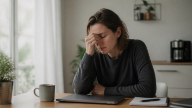 Erschöpfte erwachsene Frau am Tisch als seriöses Beitragsbild zu Erschöpfungsdepression und chronischer Überlastung