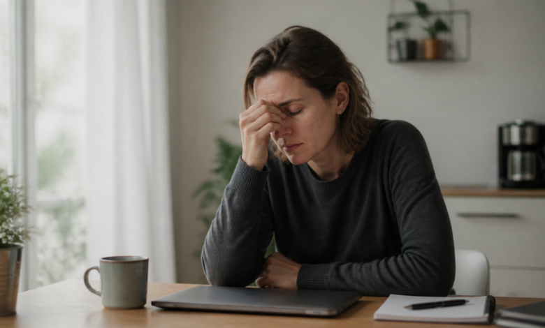 Erschöpfte erwachsene Frau am Tisch als seriöses Beitragsbild zu Erschöpfungsdepression und chronischer Überlastung