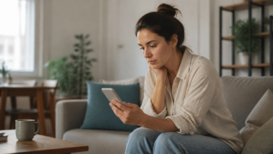 Nachdenkliche erwachsene Frau mit Smartphone als seriöses Beitragsbild zu Funkstille, Unsicherheit und Ghosting