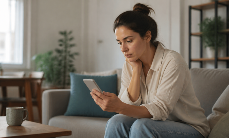Nachdenkliche erwachsene Frau mit Smartphone als seriöses Beitragsbild zu Funkstille, Unsicherheit und Ghosting