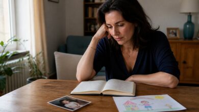 Nachdenkliche erwachsene Frau mit Notizbuch, Kinderzeichnung und altem Foto auf einem Tisch.