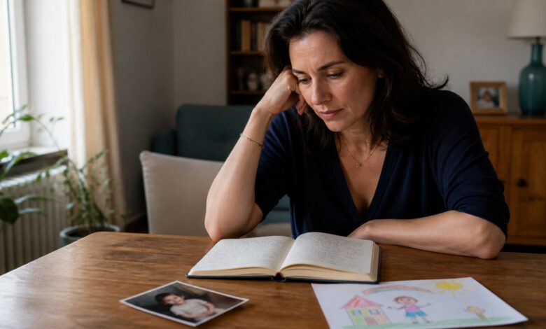 Nachdenkliche erwachsene Frau mit Notizbuch, Kinderzeichnung und altem Foto auf einem Tisch.