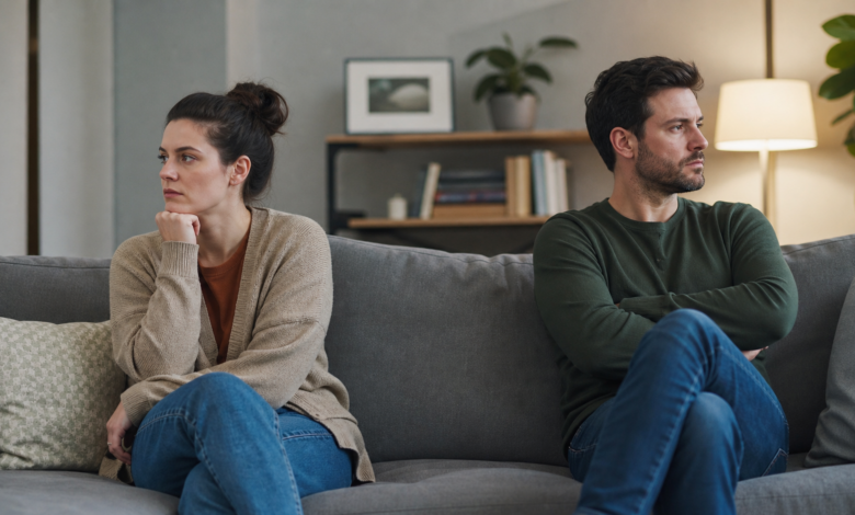 Zwei Partner sitzen mit spürbarer emotionaler Distanz auf einem Sofa