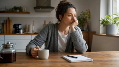 Nachdenkliche erschöpfte Frau sitzt morgens mit Tasse am Tisch als Symbol für larvierte Depression und stille Erschöpfung