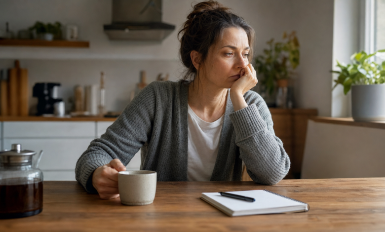Nachdenkliche erschöpfte Frau sitzt morgens mit Tasse am Tisch als Symbol für larvierte Depression und stille Erschöpfung