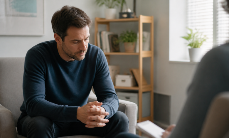 Mann in therapeutischem Gespräch als redaktionelles Beitragsbild zu narzisstischer Not