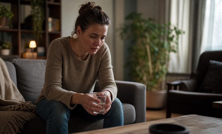 Erschöpfte Person sitzt mit Glas Wasser auf dem Sofa und versucht sich nach einer akuten psychischen Krise zu stabilisieren