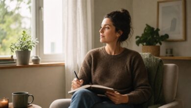 Nachdenkliche Person sitzt mit Notizbuch am Fenster und reflektiert ruhig