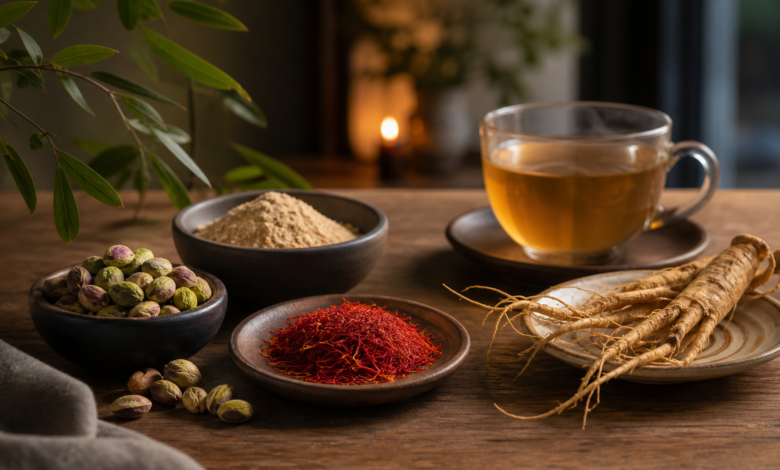 Stillleben mit Safran, Pistazien, Ginseng und Kräutertee als seriöses Bild zu natürlichen Aphrodisiaka