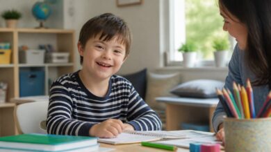 Kind mit Down-Syndrom sitzt mit Lernmaterialien an einem Tisch und lernt in ruhiger Umgebung.