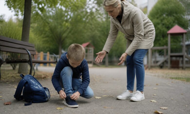 Übermäßige Fürsorge bei Kindern: Ein Kind versucht selbstständig die Schuhe zu binden, während ein Elternteil gleich eingreifen will.